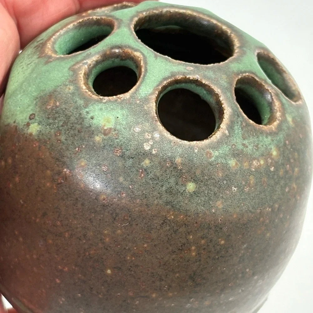 Vintage Signed Handcrafted Pottery Green and Brown Glaze Flower Frog/Vase
